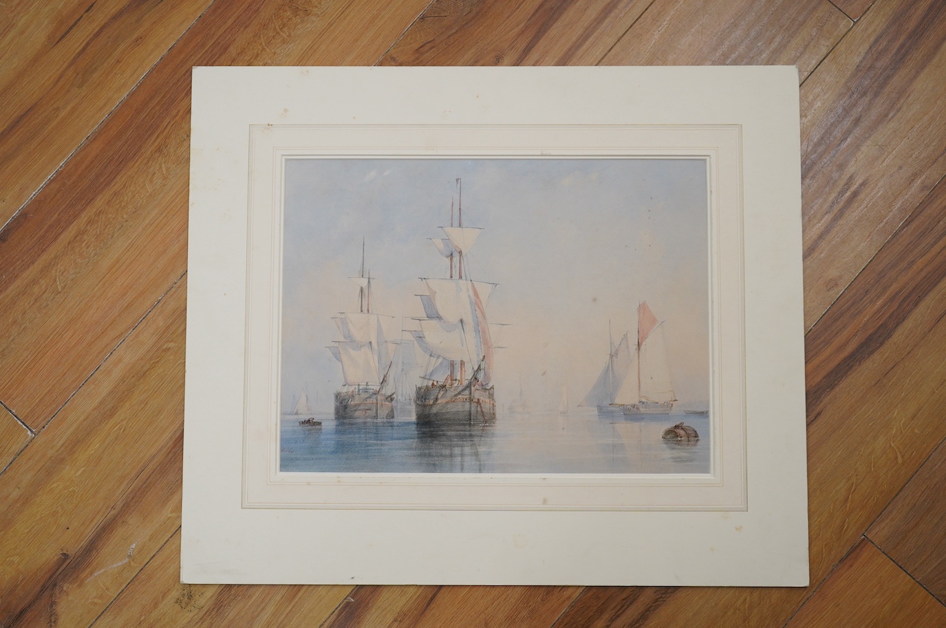 Alfred Herbert (1818-1861), maritime watercolour, Ships at sea, unsigned, inscribed in pencil verso, 29 x 40cm, mounted, unframed. Condition - poor to fair